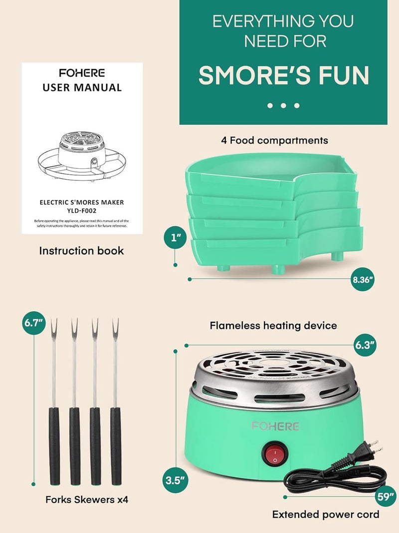 FOHERE Smores Maker Tabletop Indoor, Smores Kit with 4 Detachable Trays & Roasting Forks, Gift Set & Date Night Idea - Movie Night Supplies & Housewarming Gift, Green - Image 5
